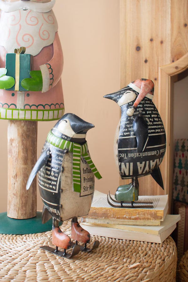 Set of 2 Recycled Metal Skating Christmas Penguins