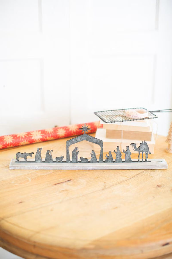 Rustic Metal Nativity Scene on Wooden Stand - view 1