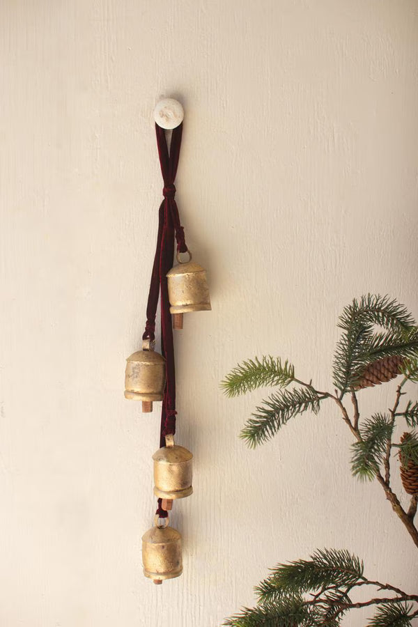 Jingle Bell Cluster with Maroon Velvet Ribbon - view 1