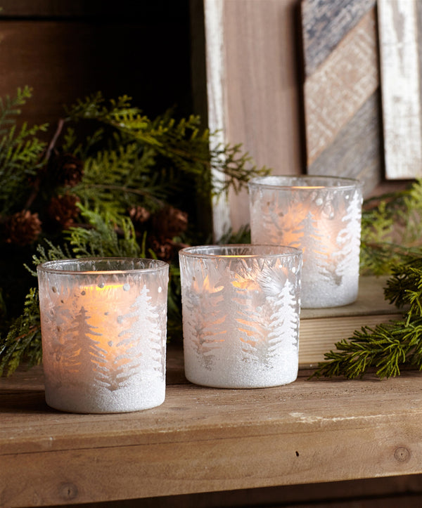 Frosted Votive Candle Holder with Snowy Forest Set of 12