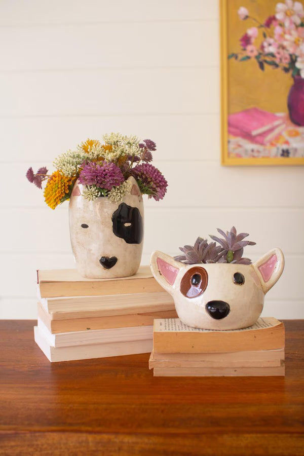Set of 2 Ceramic Black & White Dog Head Planters