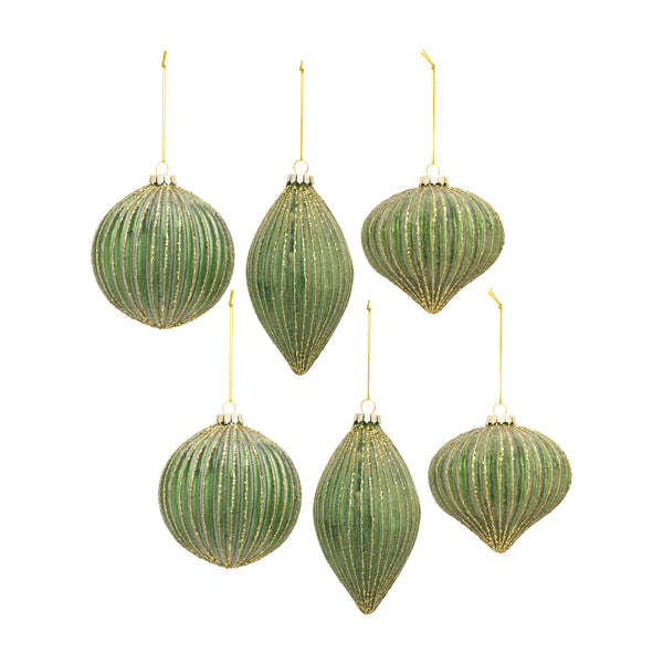 Ribbed Glass Ornaments with Gold Accent Set of 6