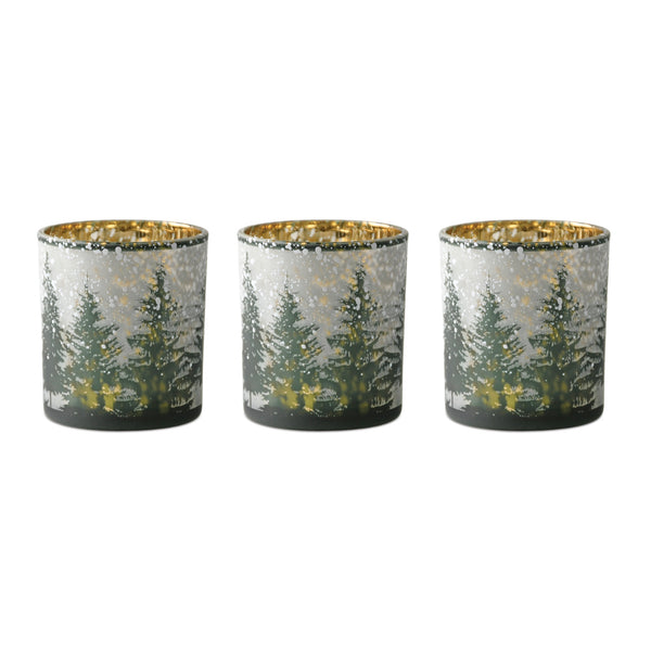 Frosted Pine Mercury Glass Candle Holder Set of 3