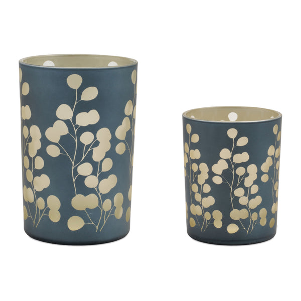 Melrose Raw-Set of 2 Green Frosted Glass Candle Holders – Traditional Botanical Home Décor