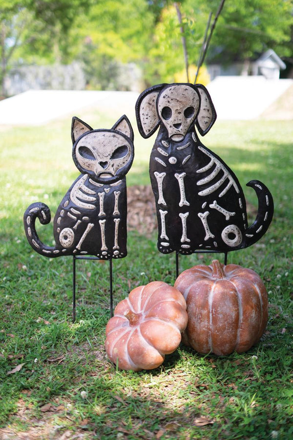 Set of two cat and dog skeleton Halloween yard picks