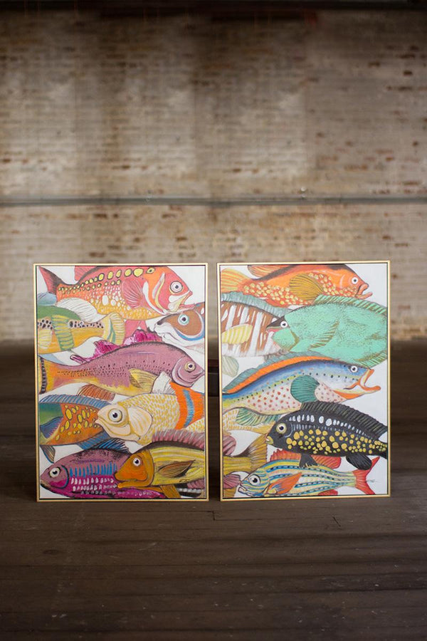 Set of Two Colorful Fish Gold Frame Acrylic Painting