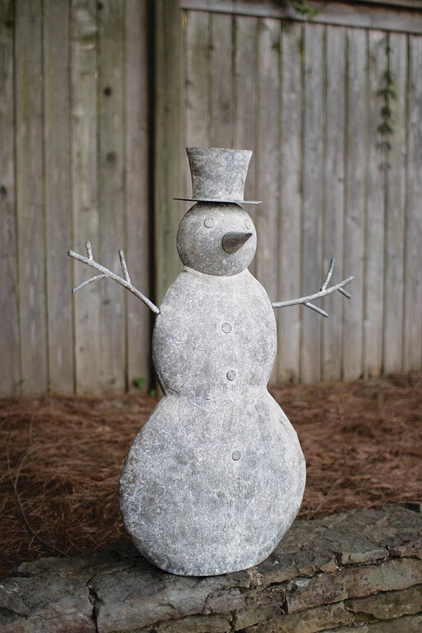 Rustic white-washed metal snowman, 40 inches tall