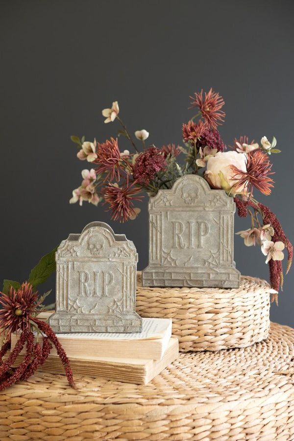 Set of two cement Halloween RIP tombstone planters