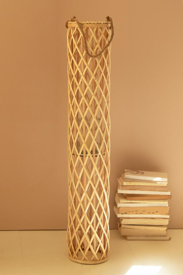 Tall cylinder natural willow floor lantern with glass insert