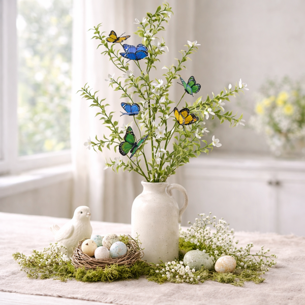 Decorative arrangement with flowers, butterflies, and eggs on a table.