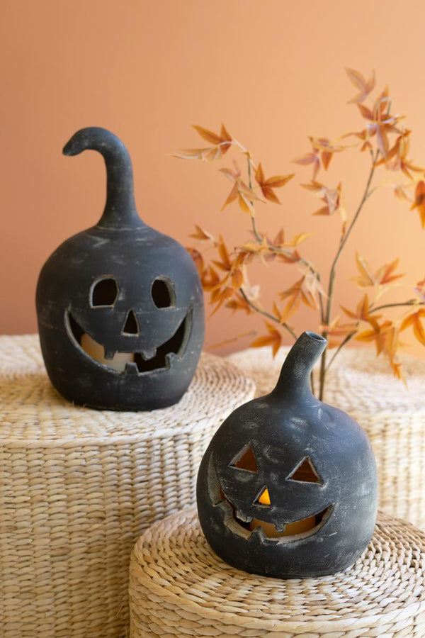 Set of two matte black clay jack-o-lantern pumpkins