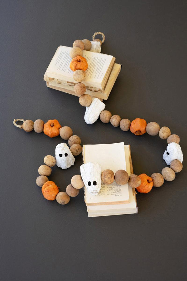 72 inch dried gourd garland painted as ghosts and pumpkins