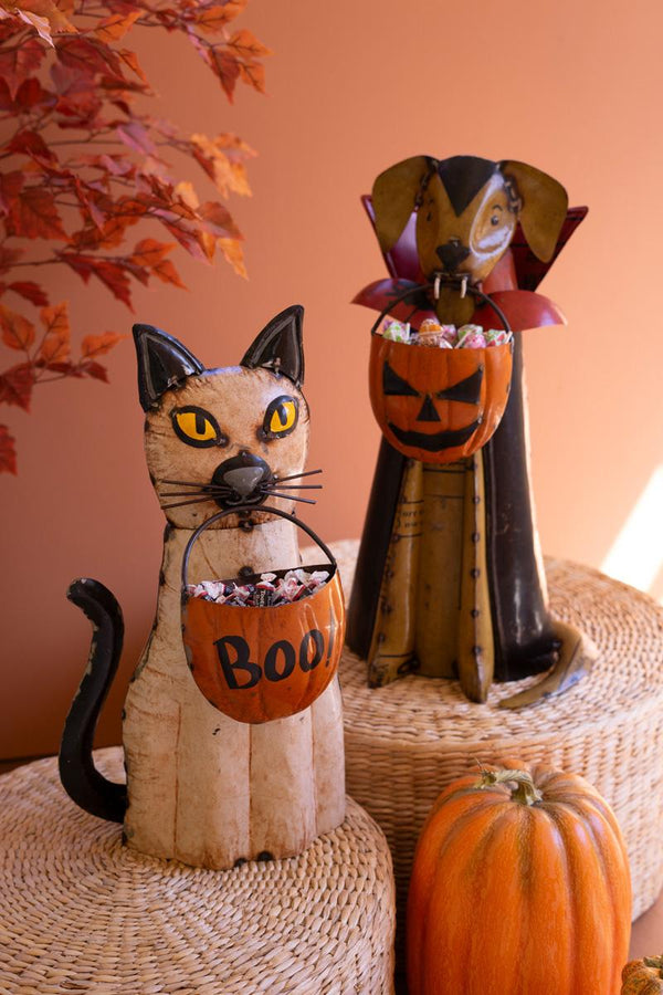 Set of two recycled metal Halloween cat and dog figures