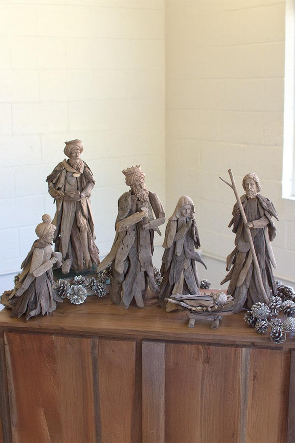 Six piece driftwood nativity set with carved wooden heads