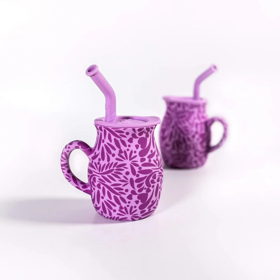 Set of two purple Talavera silicone baby training mugs with straw lids