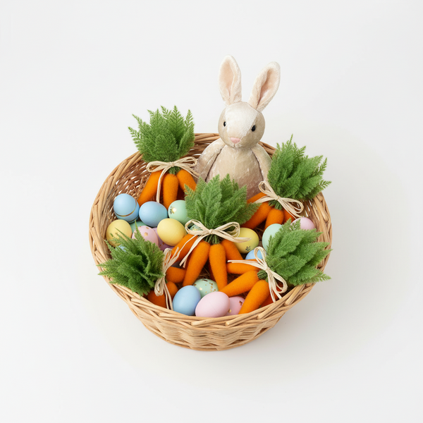 Easter basket with toy rabbit, carrots, and colorful eggs on a white background