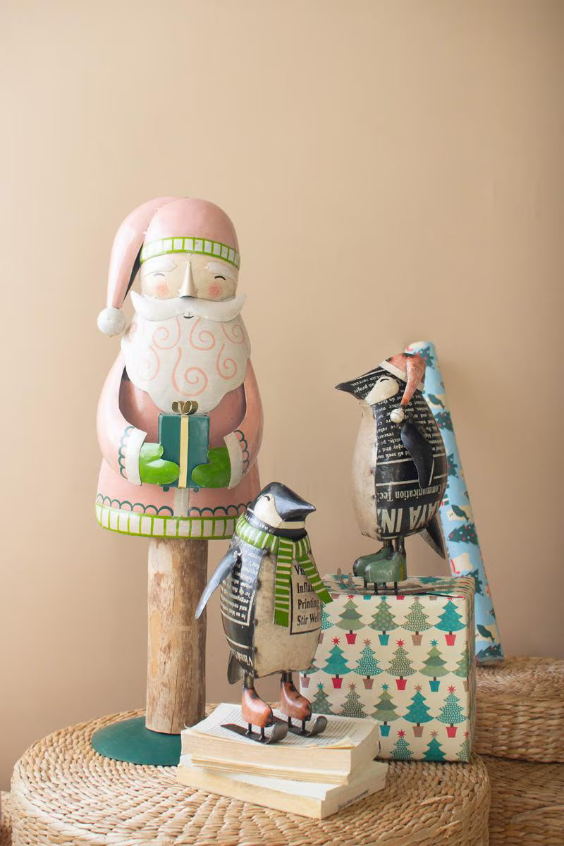 Set of 2 Recycled Metal Skating Christmas Penguins