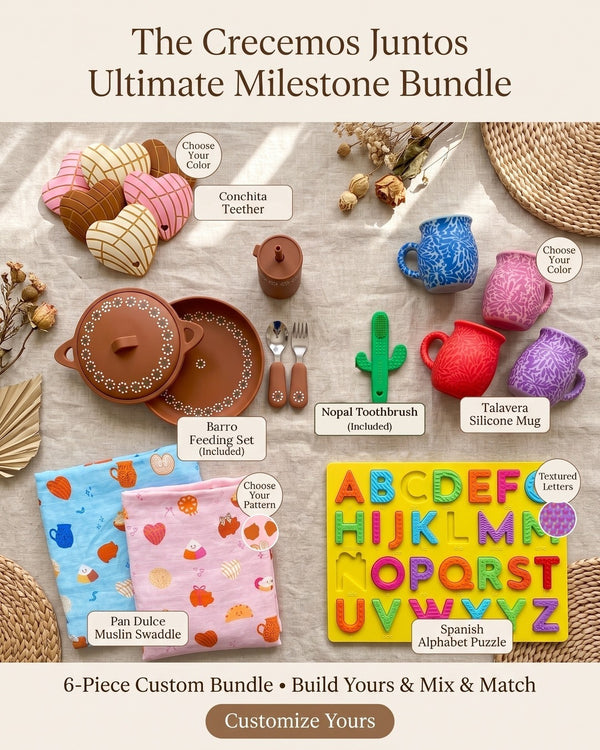 The Crecemos Juntos Ultimate Milestone Bundle: Barro Feeding Set, Talavera silicone mug, Conchita teether, Nopal toothbrush, Pan Dulce muslin swaddle and Spanish alphabet puzzle