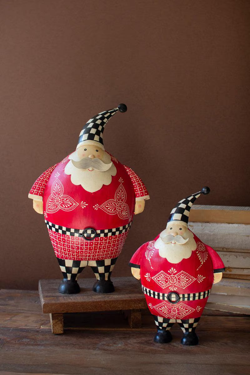 Set of 2 Painted Metal Santas with Checkered Detail