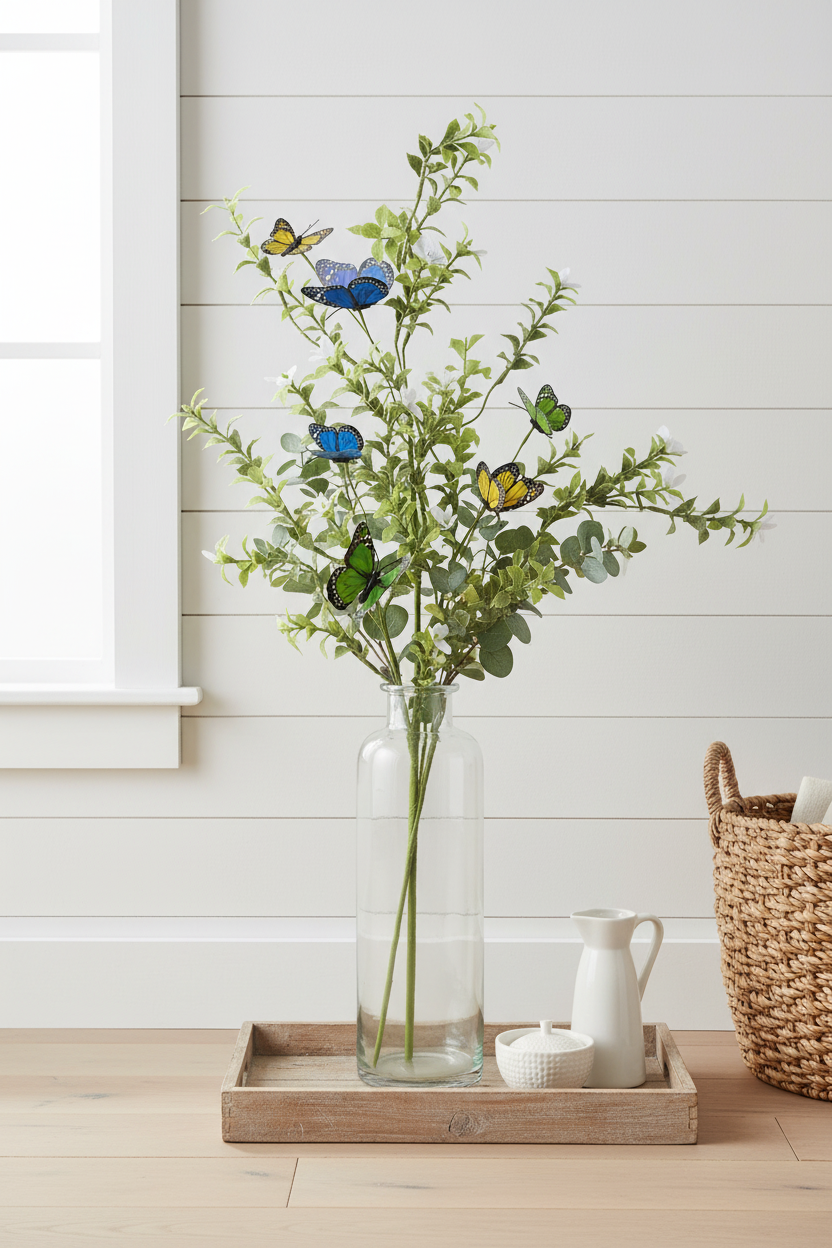 Decorative plant with butterflies in a clear vase on a wooden tray against a white wall.