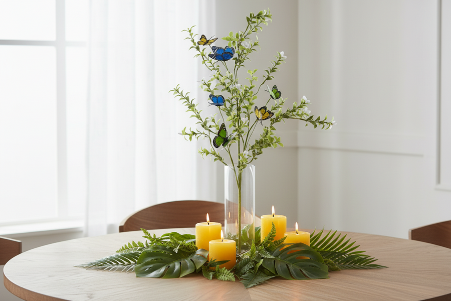 Decorative table setting with candles and flowers on a wooden table.