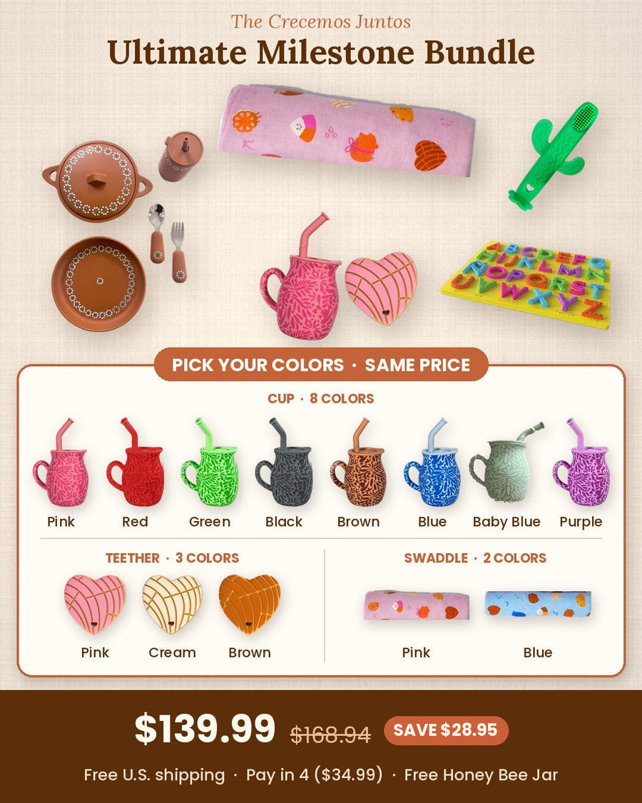 The Crecemos Juntos Ultimate Milestone Bundle: all 6 pieces, plus every color you can pick (8 cups, 3 teethers, 2 swaddles), $139.99, worth $168.94, with free U.S. shipping
