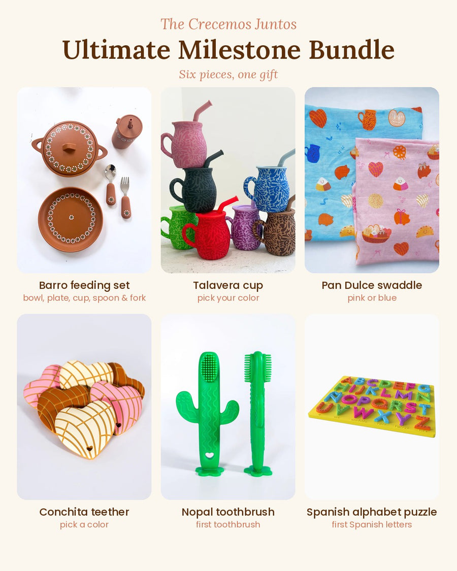 What's inside the Crecemos Juntos Ultimate Milestone Bundle: six pieces, each labeled