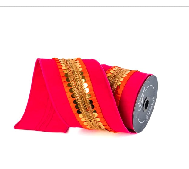 Hot pink and orange gold sequin Nutcracker Frills wired ribbon on spool