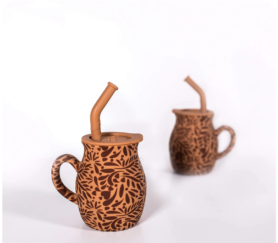 Set of two brown terracotta Talavera silicone baby training mugs with straw lids