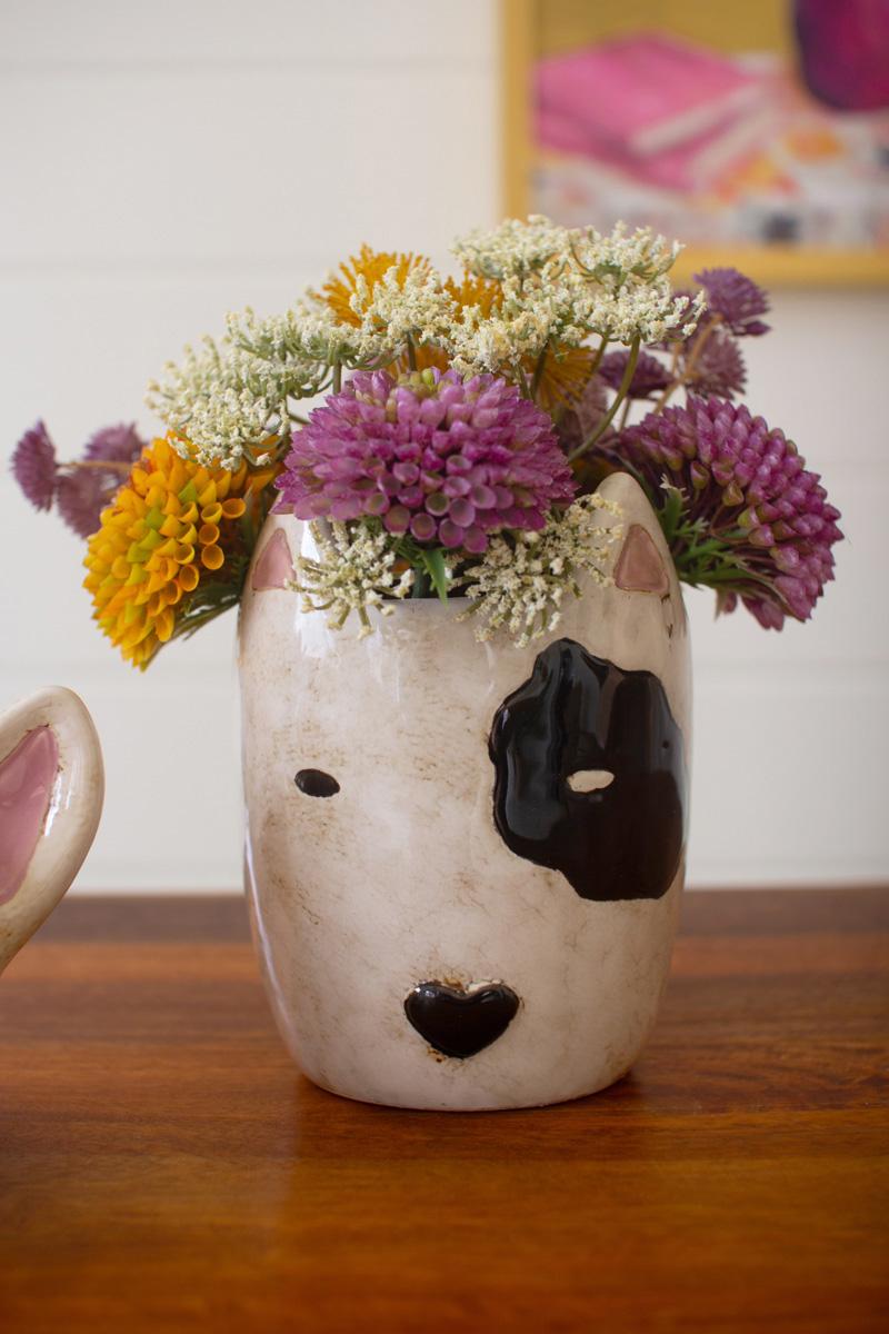 Set of 2 Ceramic Black & White Dog Head Planters