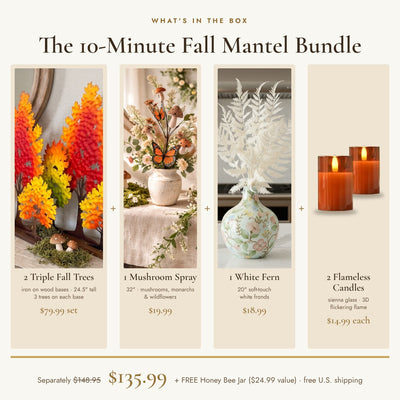 What's in the box: 2 Triple Fall Trees, 1 mushroom spray, 1 white fern, 2 flameless candles — $135.99 plus free Honey Bee Jar
