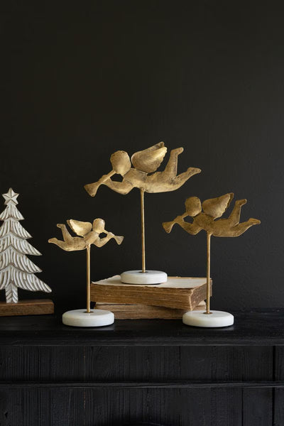 Set of 3 Gold Trumpeting Angels on Marble Bases - view 1