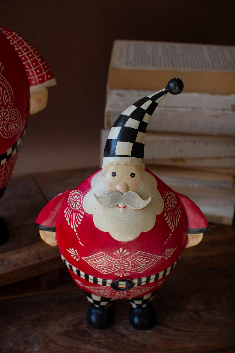 Set of 2 Painted Metal Santas with Checkered Detail