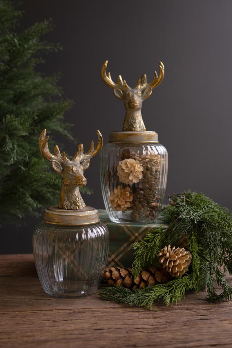 Set of 2 Glass Canisters with Antique Brass Reindeer Tops - view 5