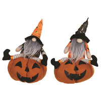 Gnome on Pumpkin Set of 2 14"H – Halloween Fabric Gnome Décor