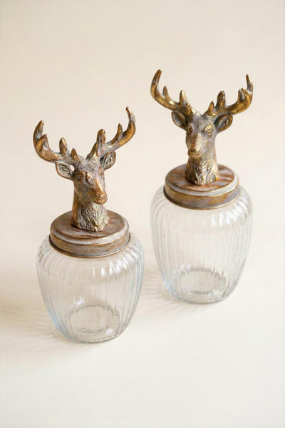 Set of 2 Glass Canisters with Antique Brass Reindeer Tops - view 4