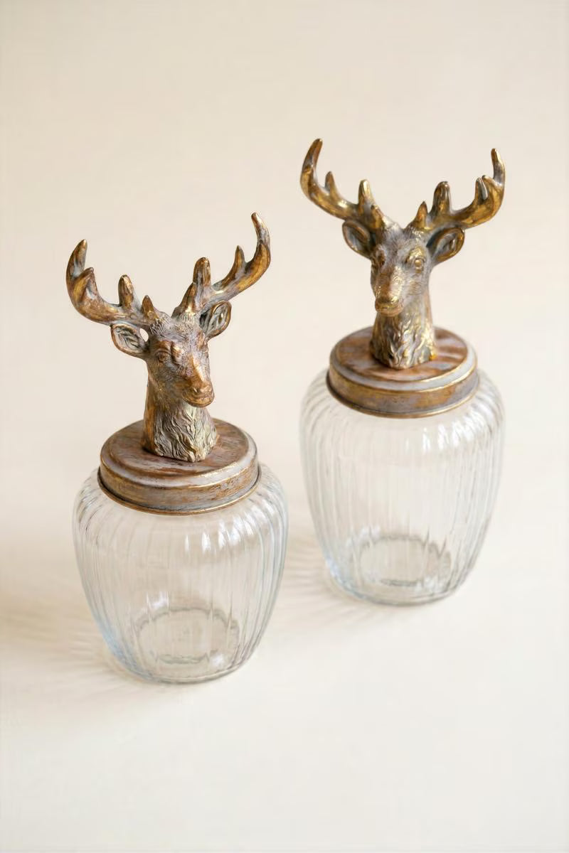 Set of 2 Glass Canisters with Antique Brass Reindeer Tops - view 4