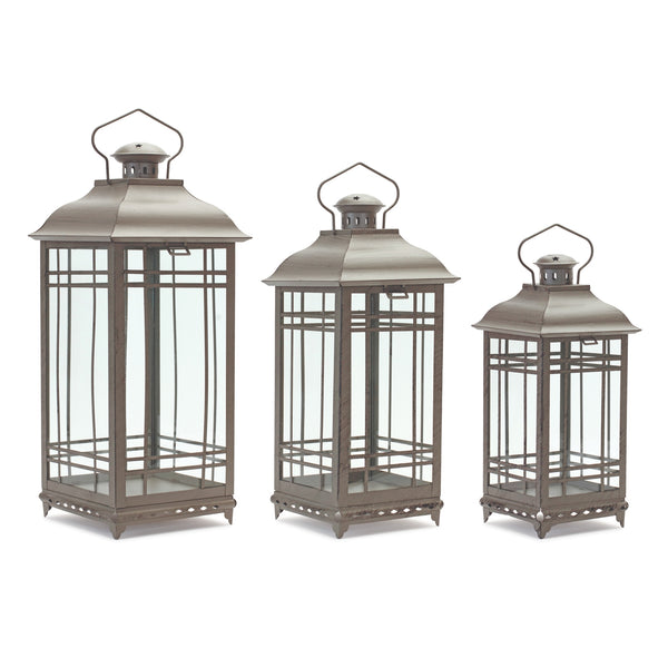 Melrose Raw-Set of 3 Traditional Brown Metal Lanterns – Rustic Farmhouse Seasonal Décor