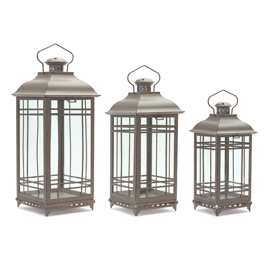 Melrose Raw-Set of 3 Traditional Brown Metal Lanterns – Rustic Farmhouse Seasonal Décor