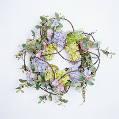 Melrose Raw-22" Hydrangea Floral Wreath Green & Purple – Faux Farmhouse Seasonal Décor