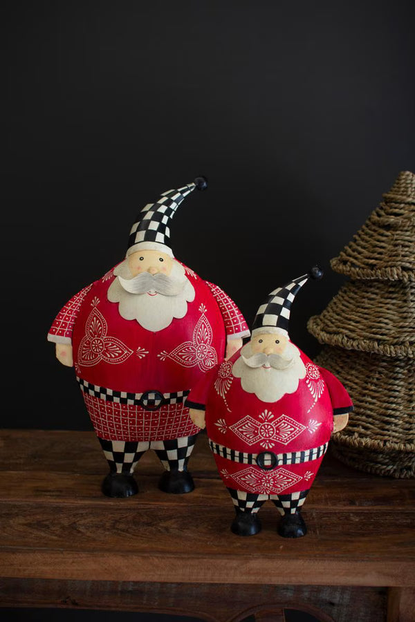 Set of 2 Painted Metal Santas with Checkered Detail