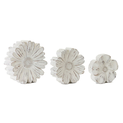 Melrose Raw-Set of 3 White Washed Stone Flower Decor – Farmhouse Spring Tabletop Accent