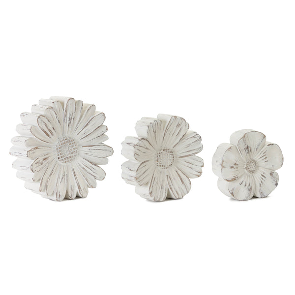 Set of 3 White Washed Stone Flower Decor – Farmhouse Spring Tabletop Accent