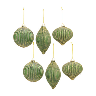 Ribbed Glass Ornaments with Gold Accent Set of 6