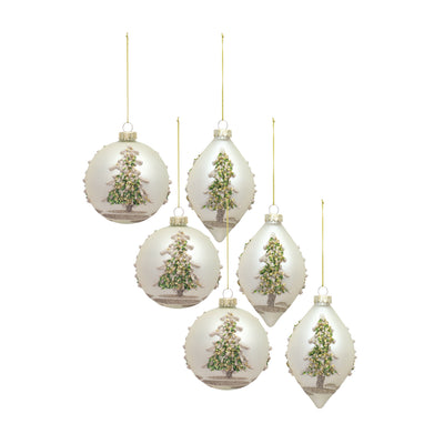 Painted Snowy Pine Tree Ball Ornaments Set of 6