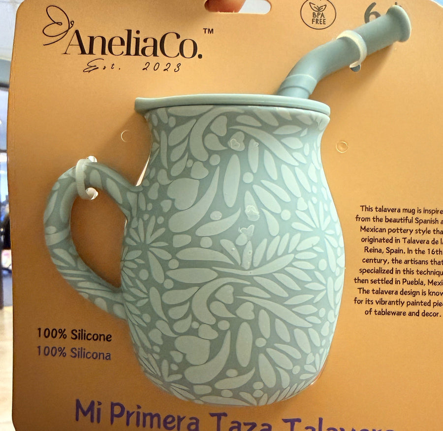Baby blue Talavera silicone baby training mug in Mi Primera Taza Talavera packaging
