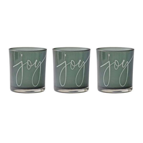 Set of 3 Green Glass Joy Candle Holders – Modern Christmas Candle Holders
