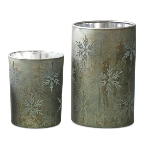 Etched Snowflake Mercury Glass Candle Holder Set of 2