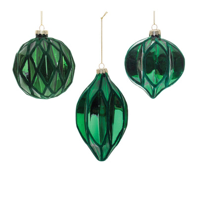 Green Harlequin Textured Glass Ornaments Set of 6