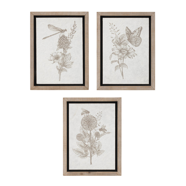 Melrose Raw-Set of 3 Framed Floral Insect Prints – Luxury & Glam Wall Décor